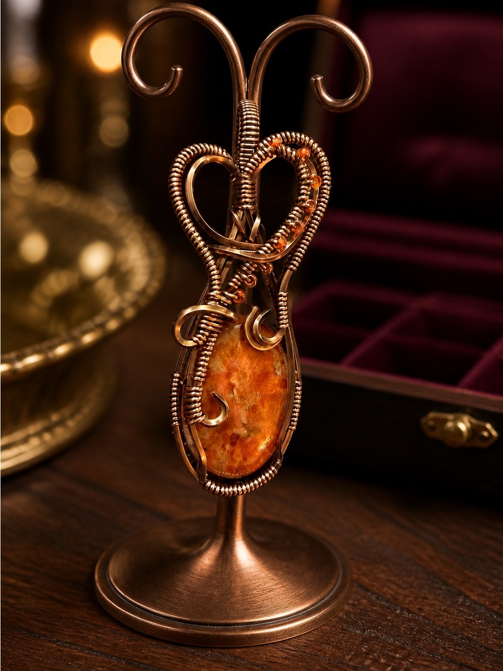 Copper Wire-Wrapped Orange Sea Sediment Jasper Pendant Necklace - Orange